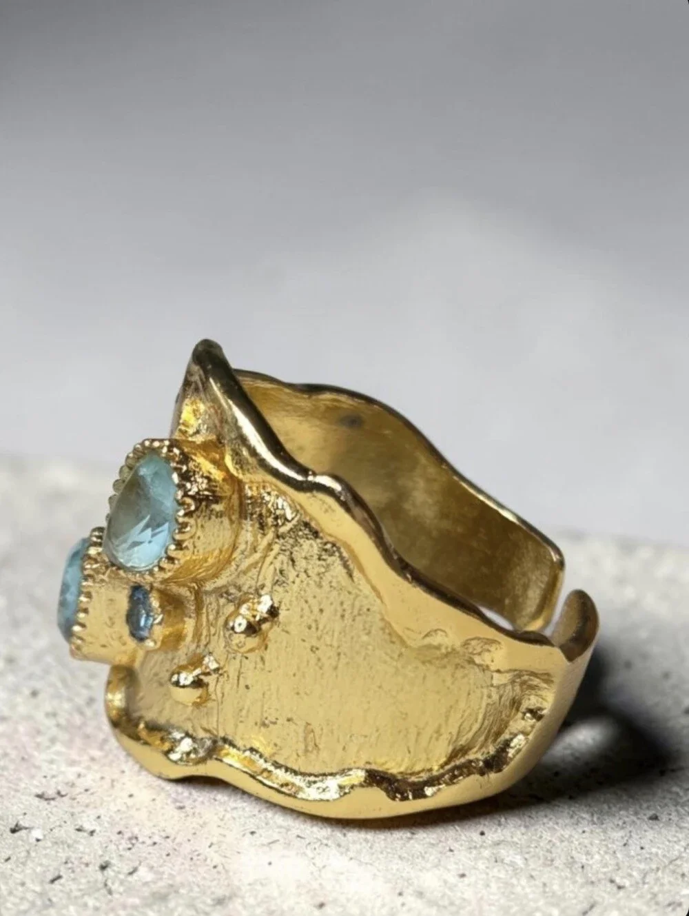 24k Gold Plated Artisan Aquamarine Crystal Byzantine Wide Band Ring